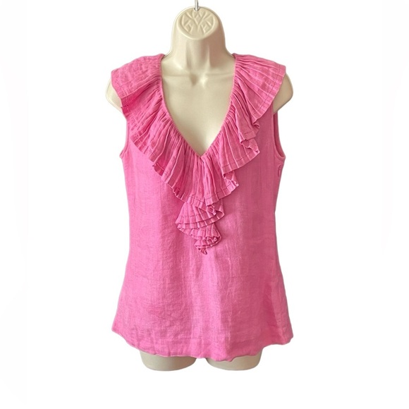 Tory Burch Shirt Women's Size 6 Sleeveless Ruffled V Neck Linen Top Pink Casual - Picture 1 of 13